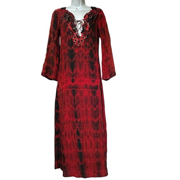 Red Black Silk Beaded Sequin Tie Dye Boho Maxi Dress Long Sleeve Dark gothic M - Picture 1 of 9